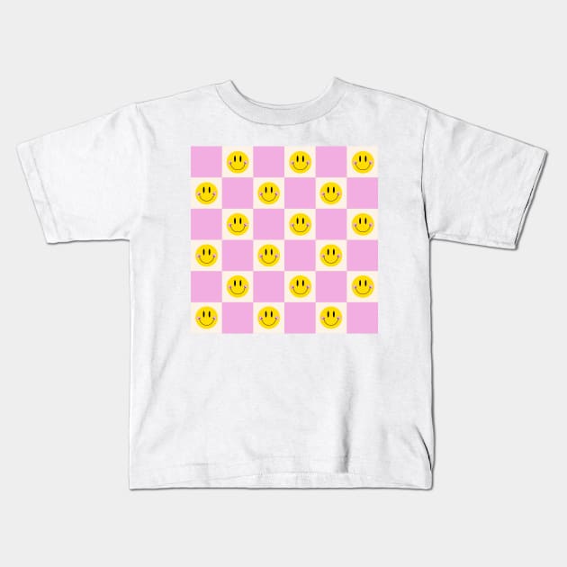 Smiley Pastel Checkered Pattern in Pink Kids T-Shirt by groovyfolk